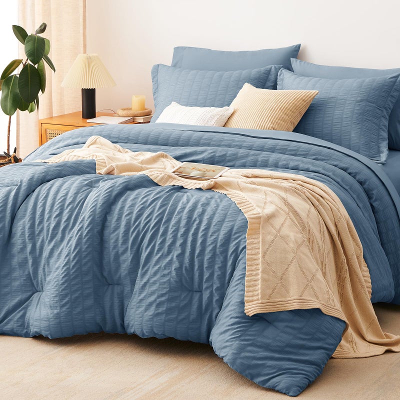 CozyLux Queen Comforter Set Grayish Blue Seersucker 7 Pieces Bed in a Bag Queen Comforter Set with Sheets, Dusty Blue Luxury Bedding Sets with Down Alternative Comforter, Sheets, Pillowcases & Shams - Image 1