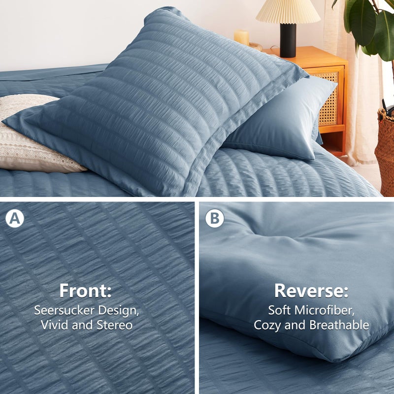 CozyLux Queen Comforter Set Grayish Blue Seersucker 7 Pieces Bed in a Bag Queen Comforter Set with Sheets, Dusty Blue Luxury Bedding Sets with Down Alternative Comforter, Sheets, Pillowcases & Shams - Image 4