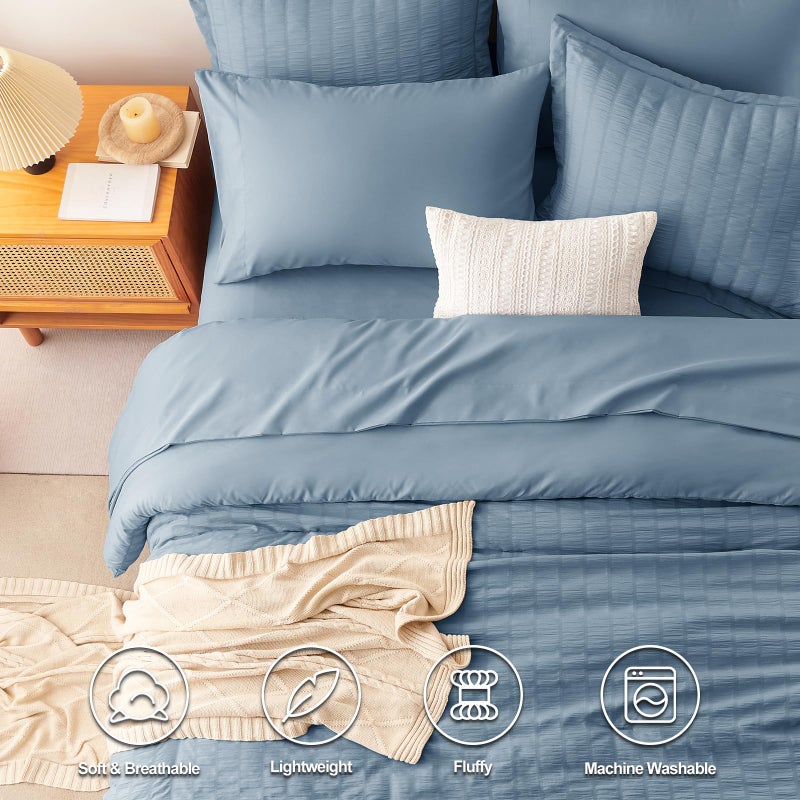 CozyLux Queen Comforter Set Grayish Blue Seersucker 7 Pieces Bed in a Bag Queen Comforter Set with Sheets, Dusty Blue Luxury Bedding Sets with Down Alternative Comforter, Sheets, Pillowcases & Shams - Image 2