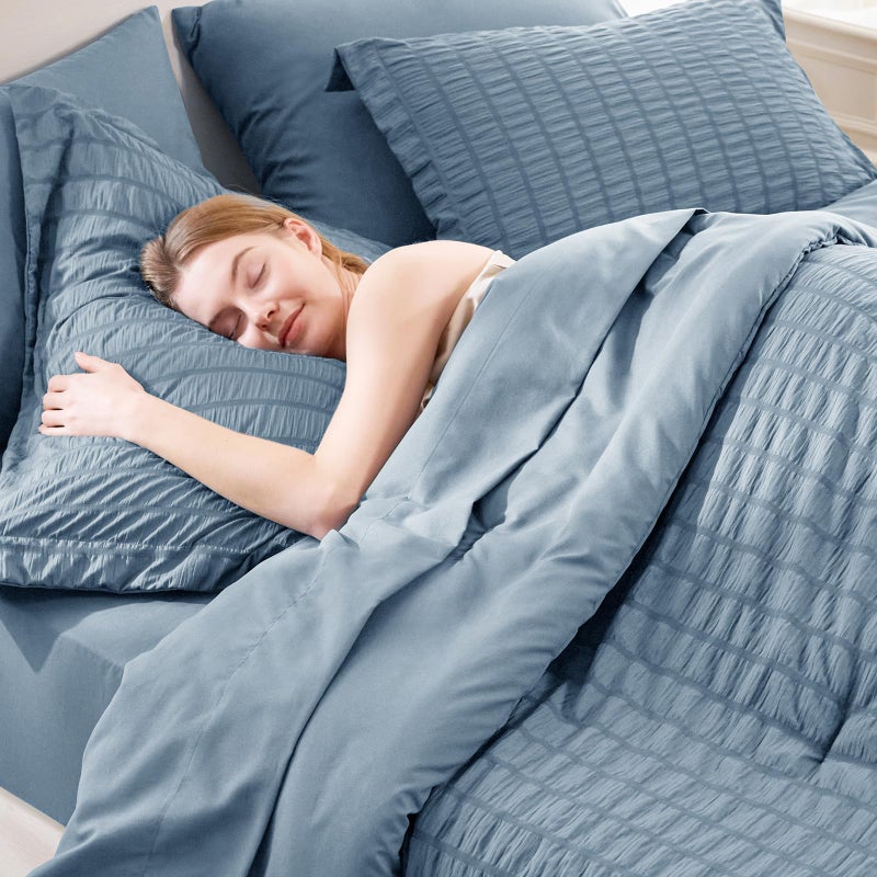 CozyLux Queen Comforter Set Grayish Blue Seersucker 7 Pieces Bed in a Bag Queen Comforter Set with Sheets, Dusty Blue Luxury Bedding Sets with Down Alternative Comforter, Sheets, Pillowcases & Shams - Image 5