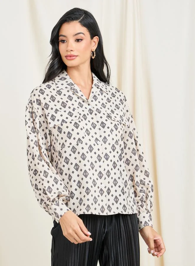 ستايلي Geo Print Revere Collar Pocket Detail Shirt