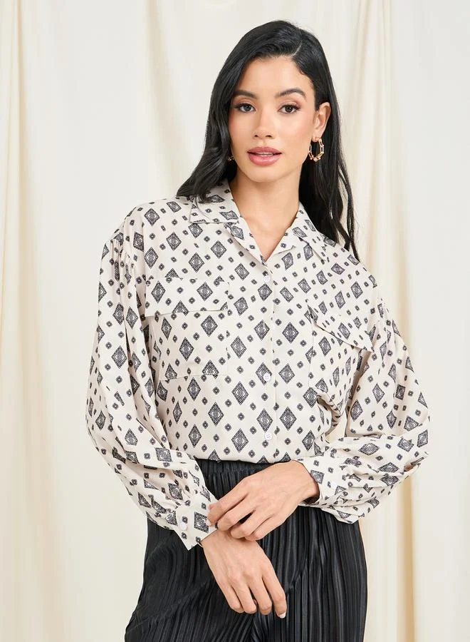 ستايلي Geo Print Revere Collar Pocket Detail Shirt