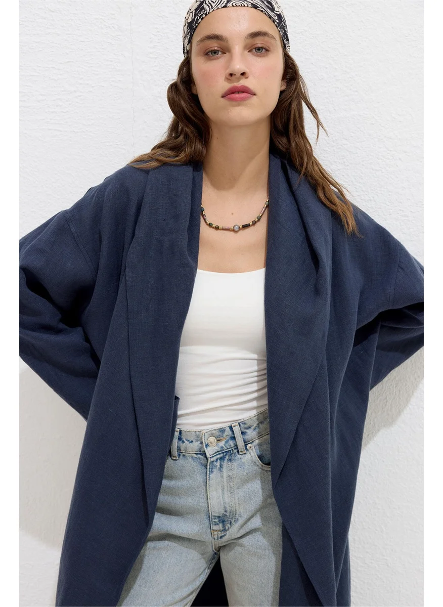 Manuka Hooded Linen Trench Coat Navy Blue