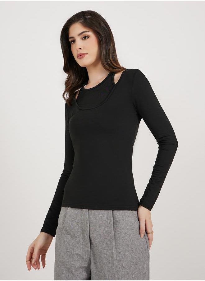 Styli Cut-Out Detail Halter Neck Fitted T-Shirt  - Image 3