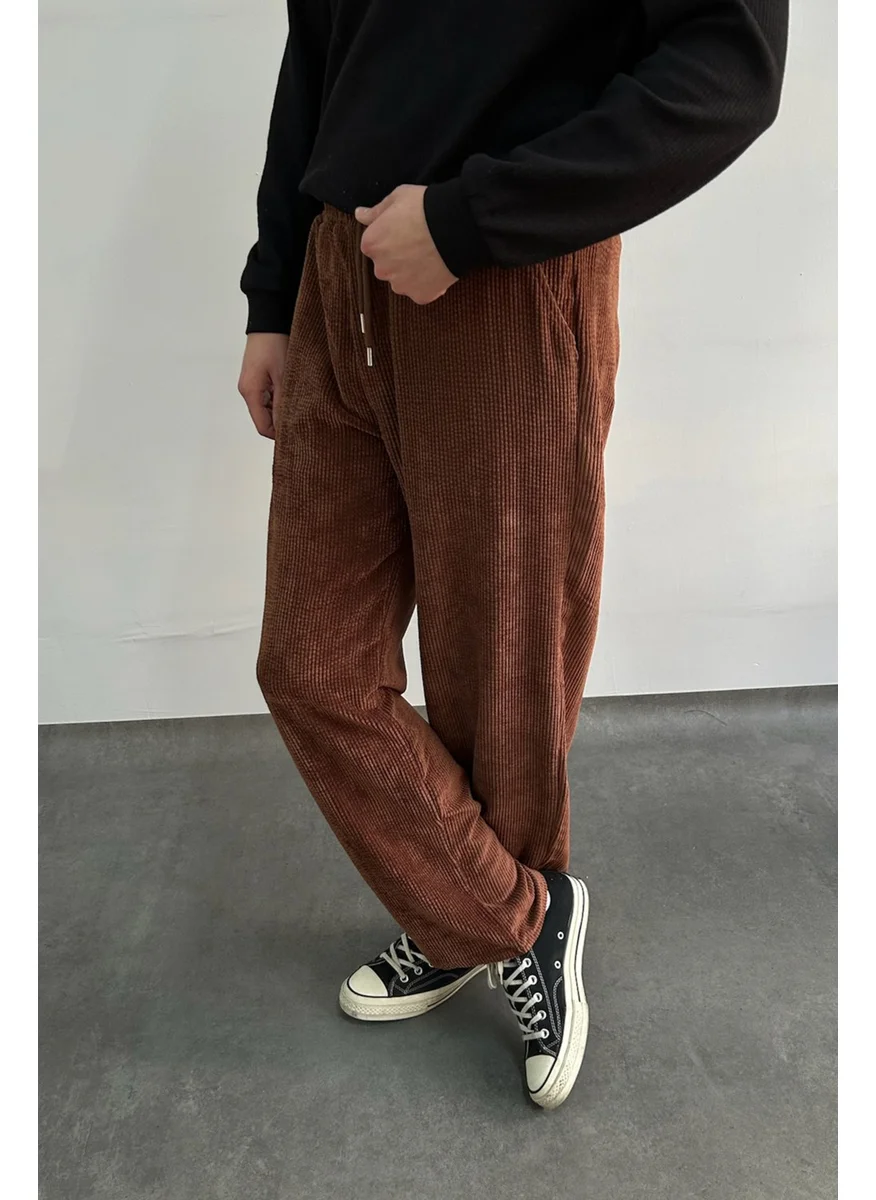 HYMAN Men's Elastic Waist Baggy Pattern Velvet Trousers