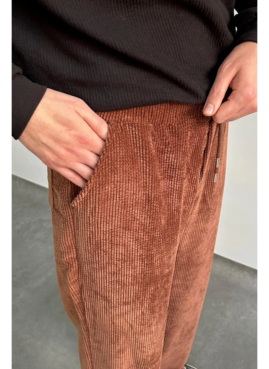 HYMAN Men's Elastic Waist Baggy Pattern Velvet Trousers
