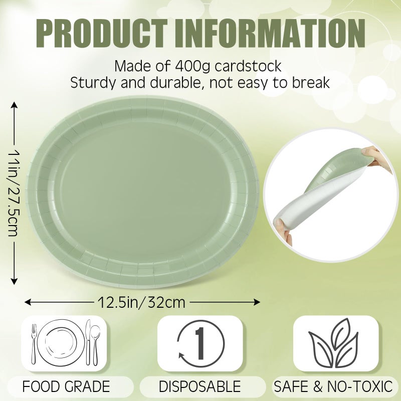 Hsei 100 Pcs Disposable Oval Paper Plates 10'' x 12'' Large Spring Tea Party Plates Baby Shower Paper Platters Bulk Supplies(Sage Green spring Tea Party) - Image 2