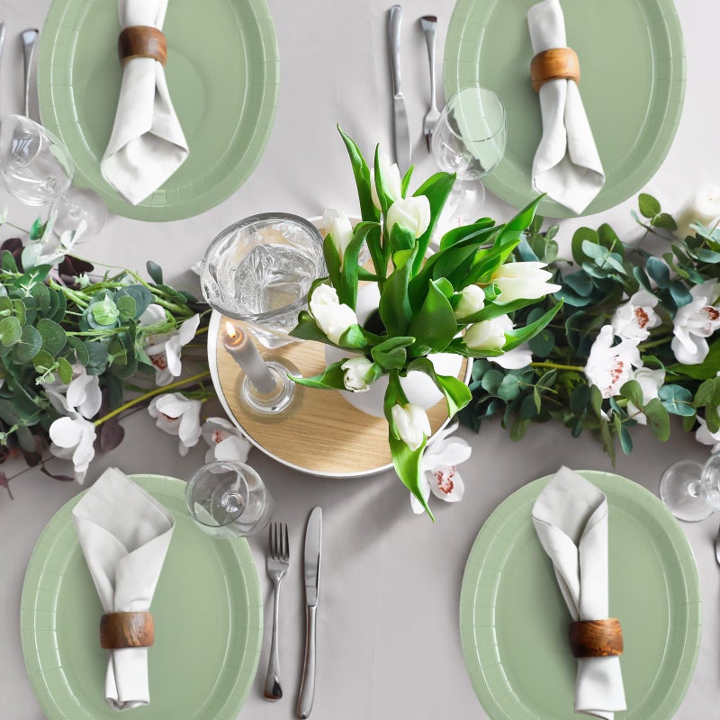 Hsei 100 Pcs Disposable Oval Paper Plates 10'' x 12'' Large Spring Tea Party Plates Baby Shower Paper Platters Bulk Supplies(Sage Green spring Tea Party) - Image 5