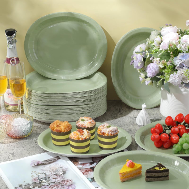Hsei 100 Pcs Disposable Oval Paper Plates 10'' x 12'' Large Spring Tea Party Plates Baby Shower Paper Platters Bulk Supplies(Sage Green spring Tea Party) - Image 4