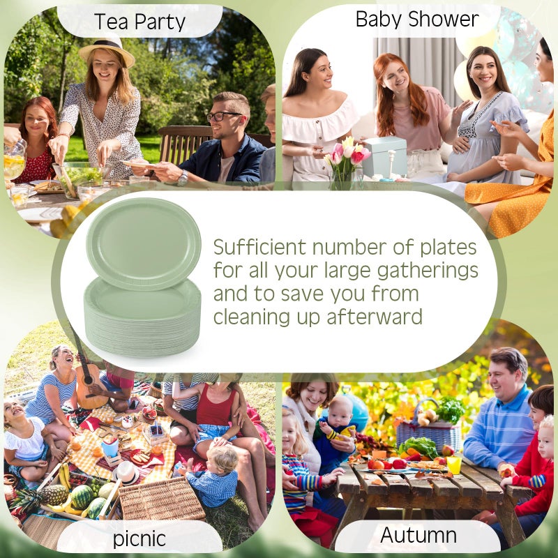 Hsei 100 Pcs Disposable Oval Paper Plates 10'' x 12'' Large Spring Tea Party Plates Baby Shower Paper Platters Bulk Supplies(Sage Green spring Tea Party) - Image 3