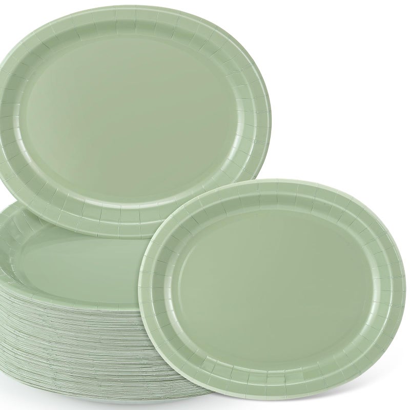 Hsei 100 Pcs Disposable Oval Paper Plates 10'' x 12'' Large Spring Tea Party Plates Baby Shower Paper Platters Bulk Supplies(Sage Green spring Tea Party) - Image 1