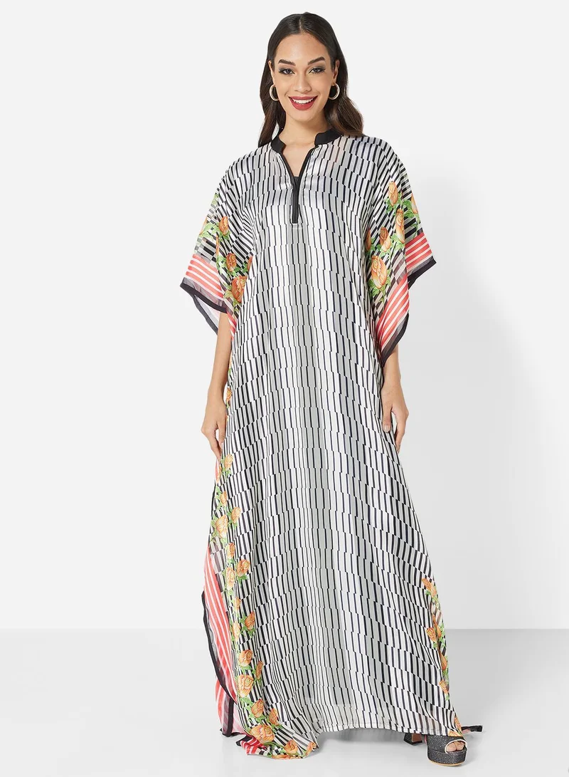 هانا آند سارا SATIN SILK STRIPE PRINT WITH FLORAL BORDER FARASHA KAFTAN JALABIYA WITH HIGH NECK COLLAR
