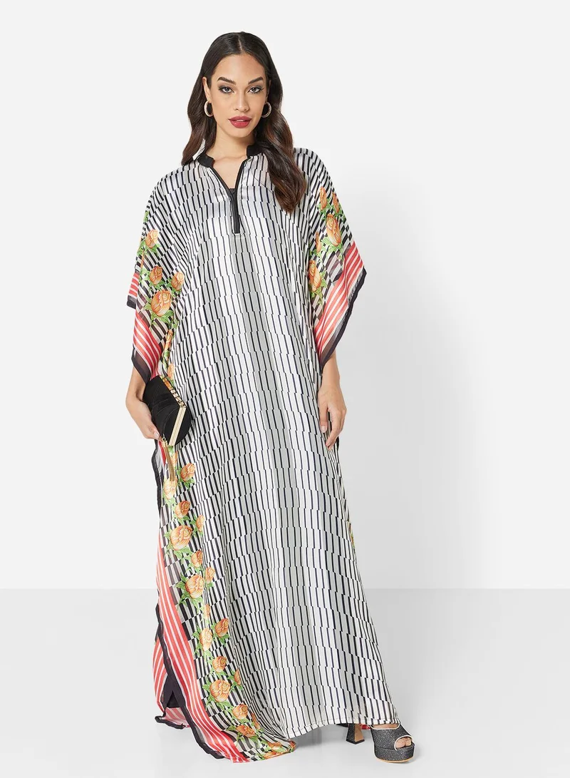 HANA & SARA SATIN SILK STRIPE PRINT WITH FLORAL BORDER FARASHA KAFTAN JALABIYA WITH HIGH NECK COLLAR