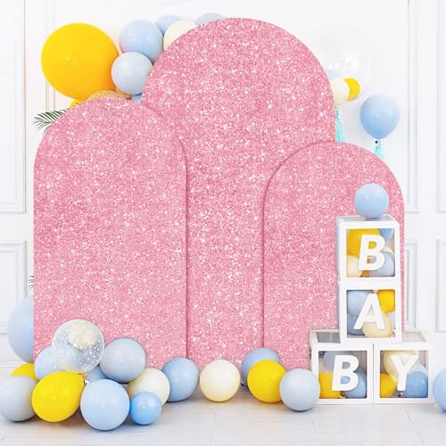 PATYDEST Arch Cover Set of 3 Sequin Wedding Arch Backdrop Cover 7.2FT 6.6FT 6FT Pink Gold Sparkle Arch Covers Stretchy Backdrop Chiara Backdrop Cover Spandex Arch Stand Covers for Balloon Arch Decor - Image 2