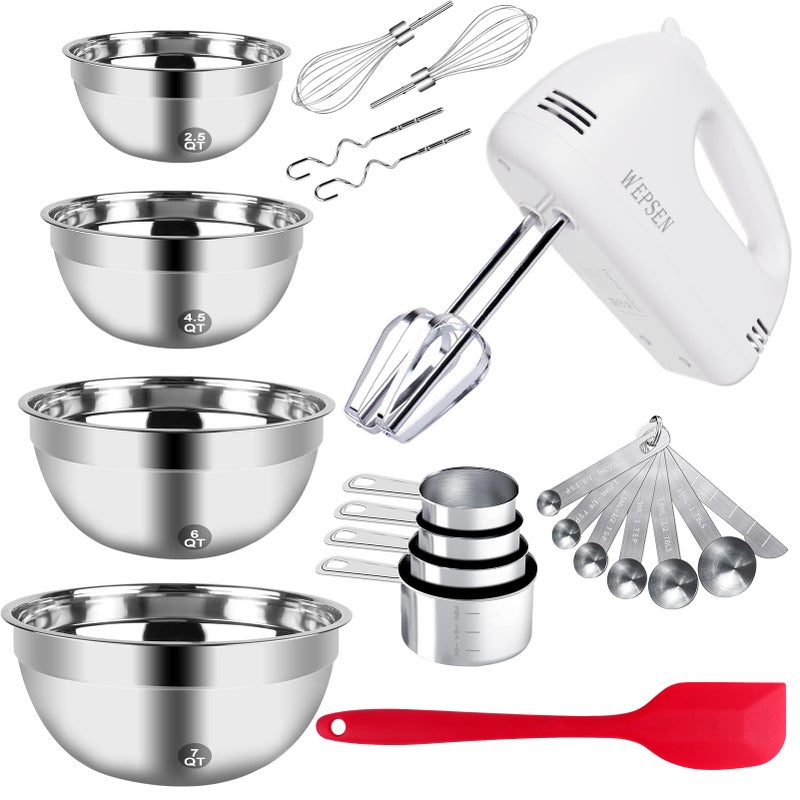 WEPSEN 5-Speed Electric Hand Mixer, 4 Large Mixing Bowls Set, Handheld Mixers with Whisks Beater, Stainless Steel Metal Nesting Bowl Measuring Cups Spoons Kitchen Cake Blender for Baking Supplies - Image 1