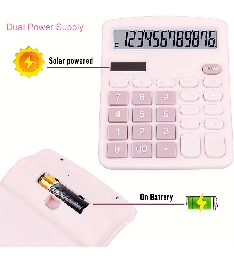 Pink Solar Powered 12 Digit Desktop Calculator with Large Buttons Easy Press Dual Power - Image 4