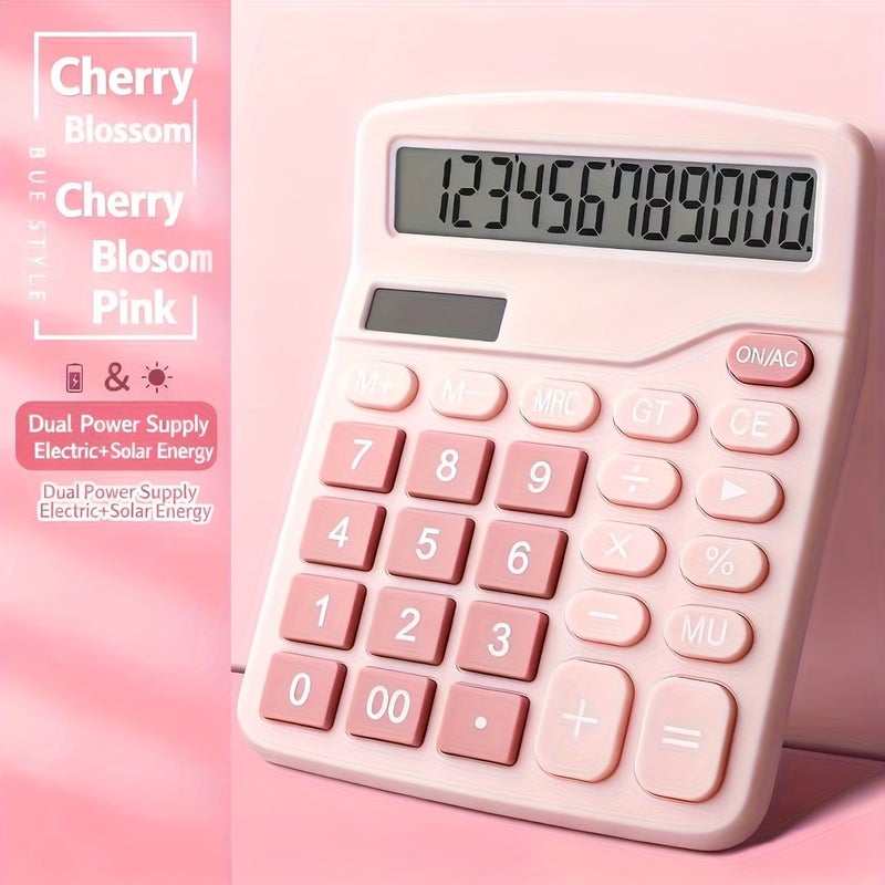 Pink Solar Powered 12 Digit Desktop Calculator with Large Buttons Easy Press Dual Power - Image 1