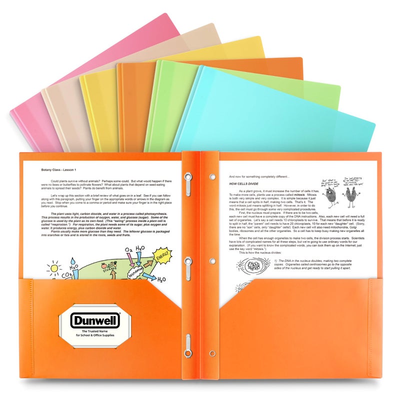 Dunwell Plastic 2 Pocket Folders with Prongs, (6 Pack), Pastel Colors, Durable Acid-Free Poly is Cleanable, Tear Resistant, 3-Prong Folders, Labels Included - Image 1
