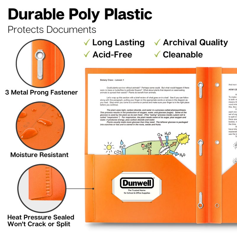 Dunwell Plastic 2 Pocket Folders with Prongs, (6 Pack), Pastel Colors, Durable Acid-Free Poly is Cleanable, Tear Resistant, 3-Prong Folders, Labels Included - Image 3
