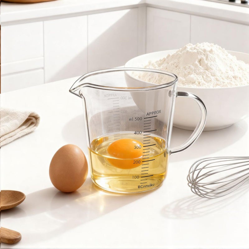 BCnmviku Glass Measuring Cups High Borosilicate 500ML 2CUPS [Insulated Handle | V-Shaped Spout]For Prepping Baking and Cooking Preheated Oven Dishwasher Freezer and Microwave Safe - Image 3