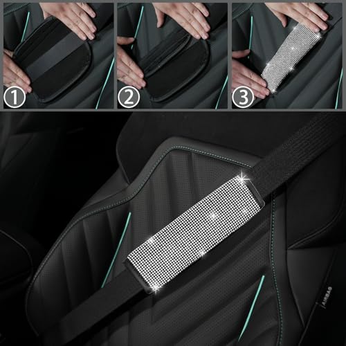 NBTEPEM 8 pcs Bling Car Accessories Set for Women, Steering Wheel Cover, Sparkly Seat Belt Covers, Bling Gear Shift Cover, Universal Fit Most Cars (Silver Diamond) - Image 3