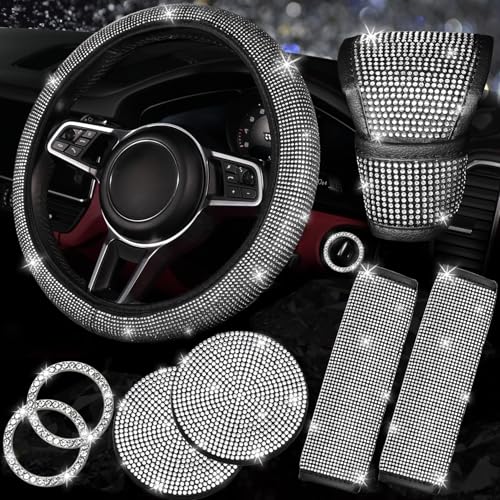 NBTEPEM 8 pcs Bling Car Accessories Set for Women, Steering Wheel Cover, Sparkly Seat Belt Covers, Bling Gear Shift Cover, Universal Fit Most Cars (Silver Diamond) - Image 1