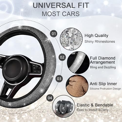 NBTEPEM 8 pcs Bling Car Accessories Set for Women, Steering Wheel Cover, Sparkly Seat Belt Covers, Bling Gear Shift Cover, Universal Fit Most Cars (Silver Diamond) - Image 2