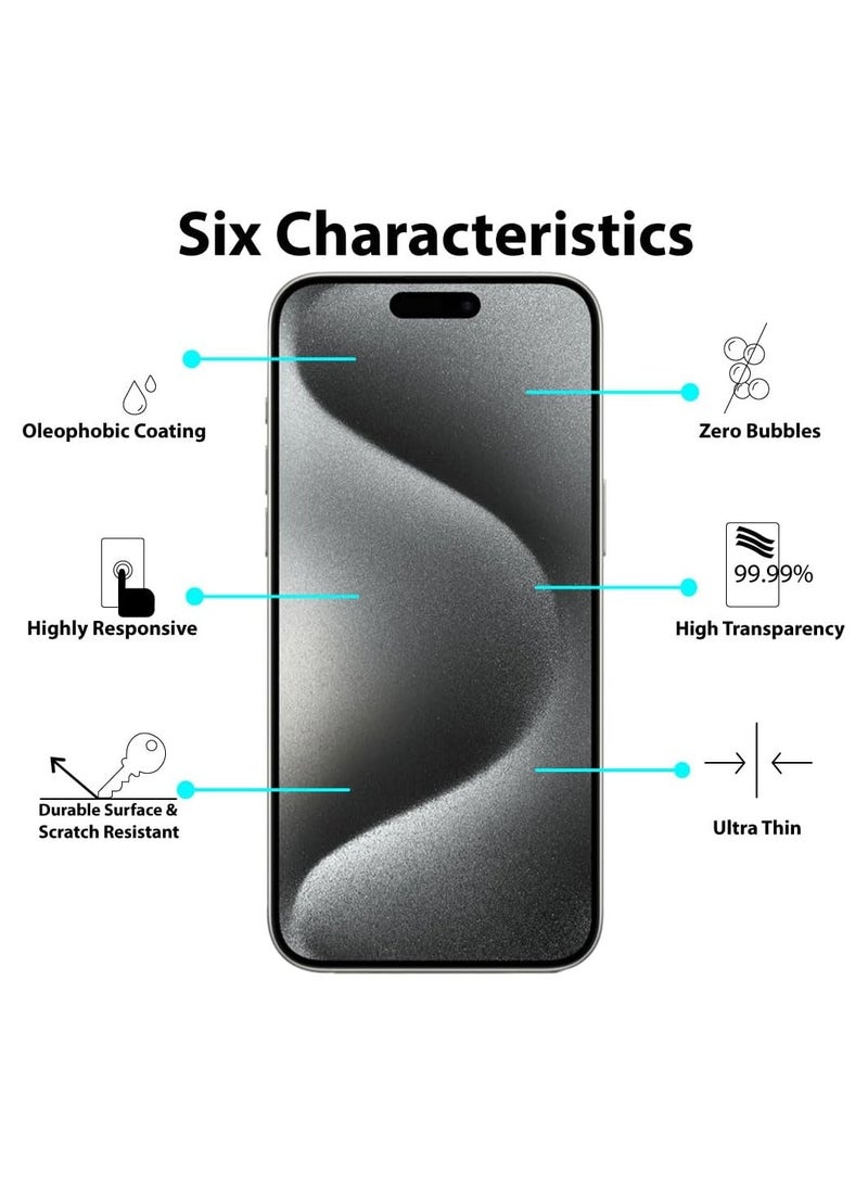 9 إتش واقي شاشة لهاتف iPhone 15 Pro Max مقاس 6.7 بوصة، واقي زجاجي مقوى 9H مع سهولة التركيب، خالٍ من الفقاعات، شفاف 5d/أسود - Image 2