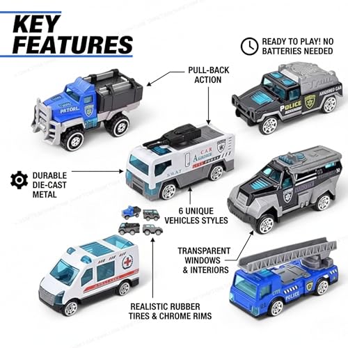 SHAKTISM Die Cast Metal Pull Back Toy Vehicles Set, 1:64 Scale, 5 Pieces, Engineering Construction Vehicles Collection (City Rescue Vehicle) - Image 4