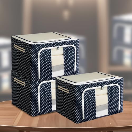 SITTELLA® Pack of 03 Wardrobe Organizer Box, 24 Litres (40 × 30 × 20 cm), Foldable Clothes Storage with Zipper & Handle, Blue - Image 1