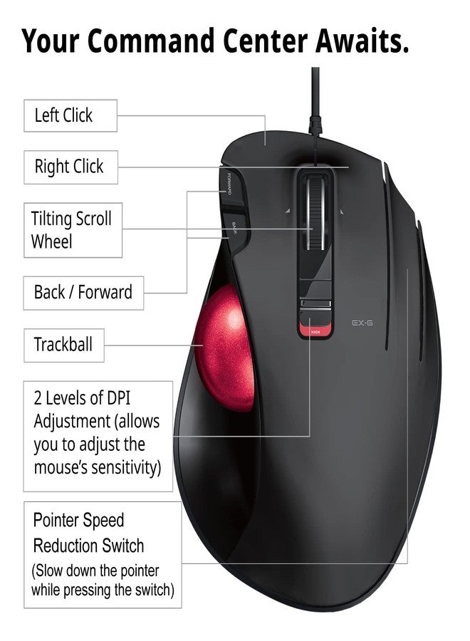 ELECOM EX-G Wired Trackball Mouse, Ergonomic Thumb Control, Smooth Tracking Roller Ball, 5 Programmable Buttons, Tilt Scroll, Computer Mice for PC Mac - Image 5