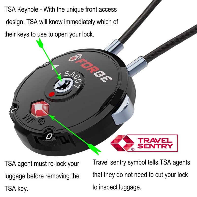 Forge Quality TSA Approved Luggage Locks for Travel Accessories, Suitcase, Pelican case, Ammo Boxes, Set Your own Combination, Zinc Alloy Body-Cable Black 4 Locks - Image 3