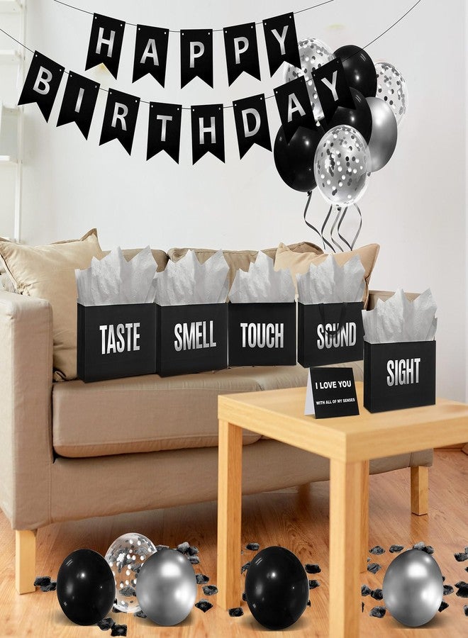Soulchen 5 Senses Gift Bags for Him Her with Labels, Five Senses Gift Birthday Party Decoration Tissue Paper Handles, Comes with Rose Petals Banner Balloons for Party(Birthday,Sliver Black - Image 5