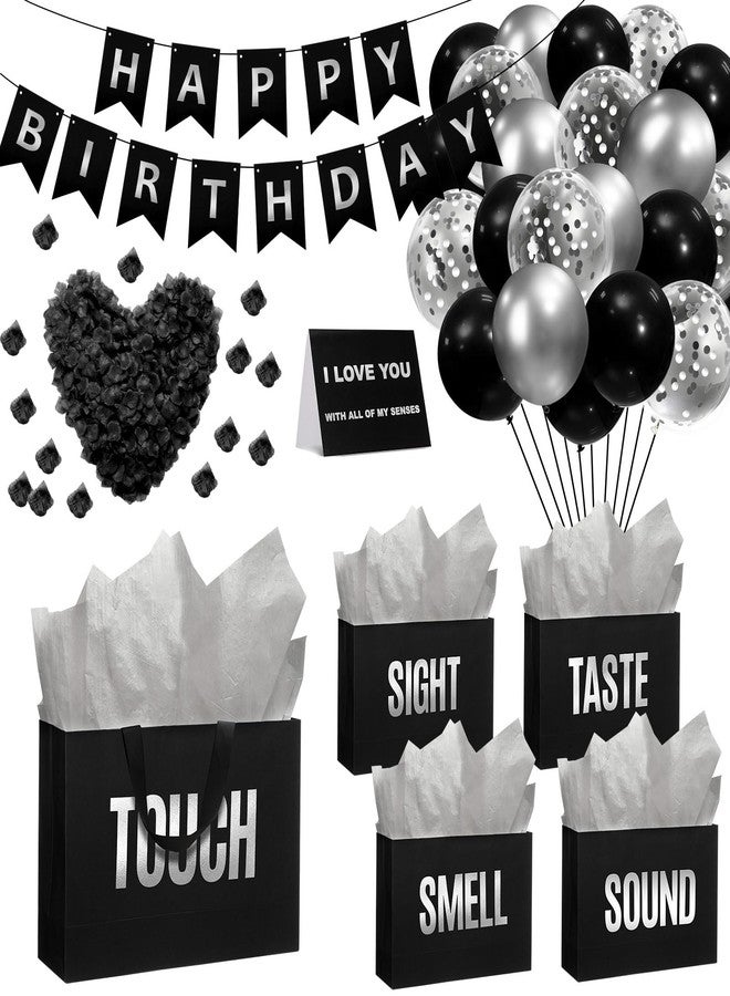 Soulchen 5 Senses Gift Bags for Him Her with Labels, Five Senses Gift Birthday Party Decoration Tissue Paper Handles, Comes with Rose Petals Banner Balloons for Party(Birthday,Sliver Black - Image 1