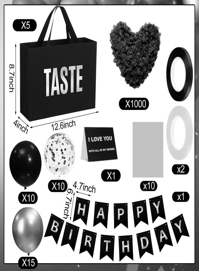 Soulchen 5 Senses Gift Bags for Him Her with Labels, Five Senses Gift Birthday Party Decoration Tissue Paper Handles, Comes with Rose Petals Banner Balloons for Party(Birthday,Sliver Black - Image 3