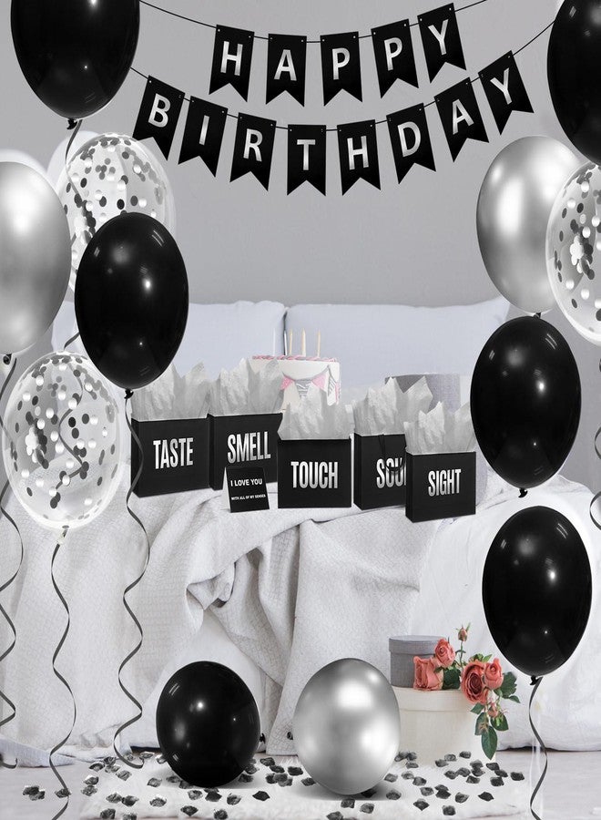 Soulchen 5 Senses Gift Bags for Him Her with Labels, Five Senses Gift Birthday Party Decoration Tissue Paper Handles, Comes with Rose Petals Banner Balloons for Party(Birthday,Sliver Black - Image 2