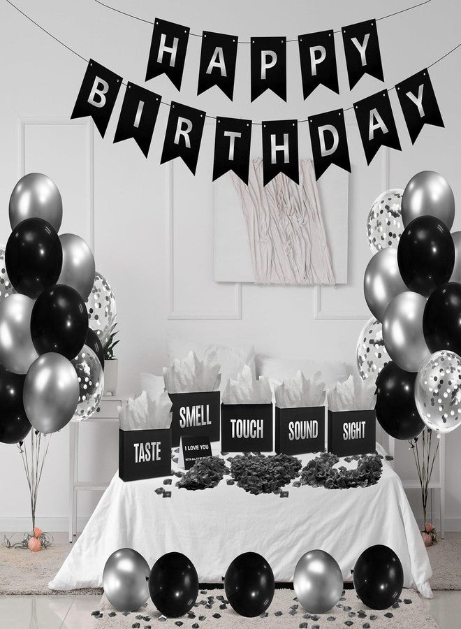 Soulchen 5 Senses Gift Bags for Him Her with Labels, Five Senses Gift Birthday Party Decoration Tissue Paper Handles, Comes with Rose Petals Banner Balloons for Party(Birthday,Sliver Black - Image 4