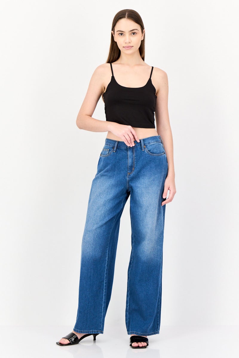 Women Relaxed Fit Medium Washed Wide Leg Inseam  Non-stretchable Jeans, Blue
