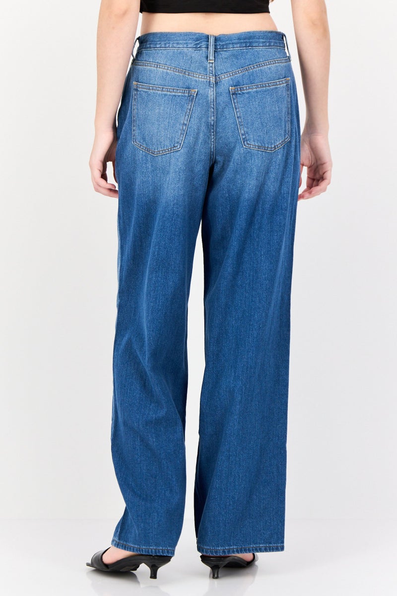 Women Relaxed Fit Medium Washed Wide Leg Inseam  Non-stretchable Jeans, Blue
