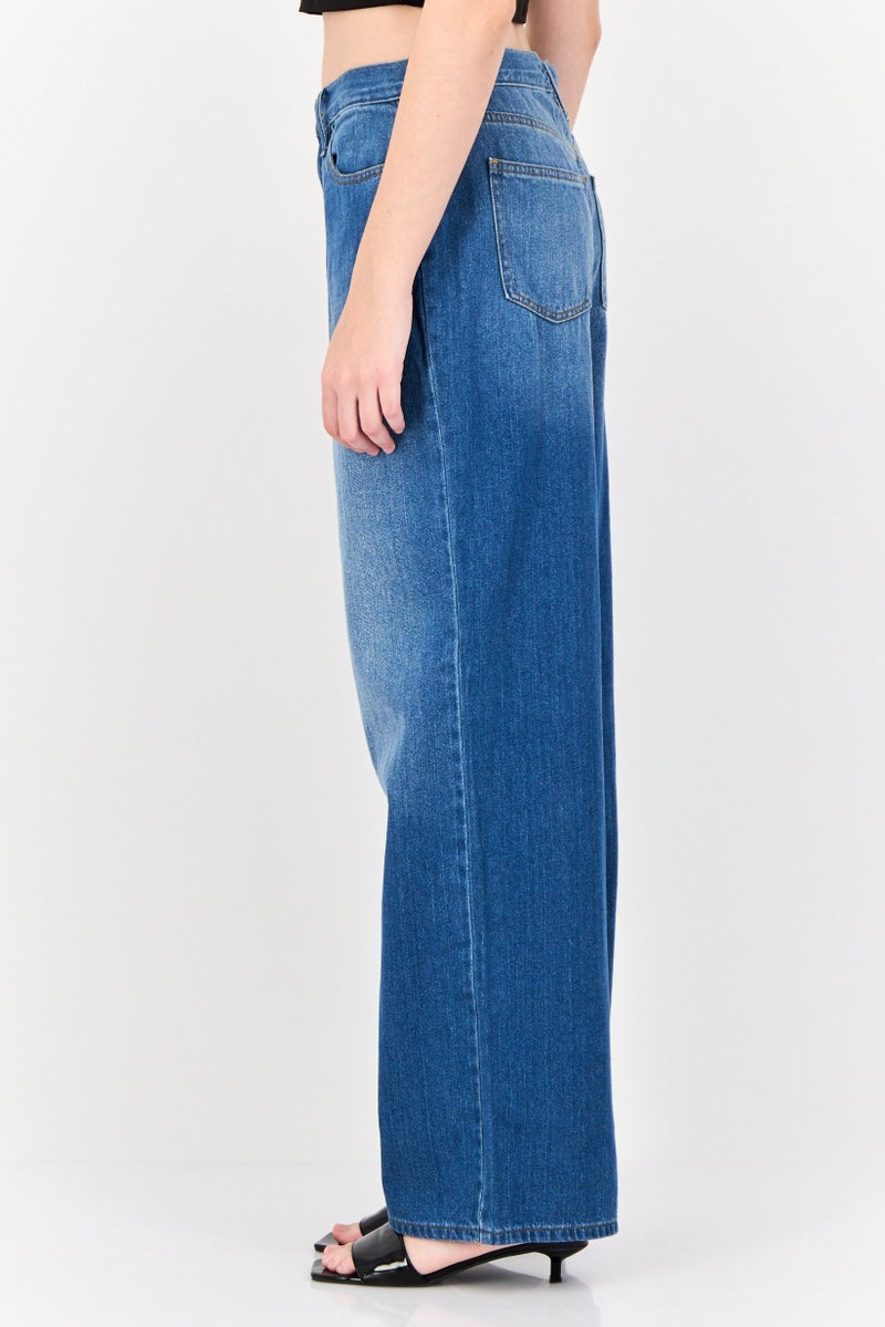 Women Relaxed Fit Medium Washed Wide Leg Inseam  Non-stretchable Jeans, Blue