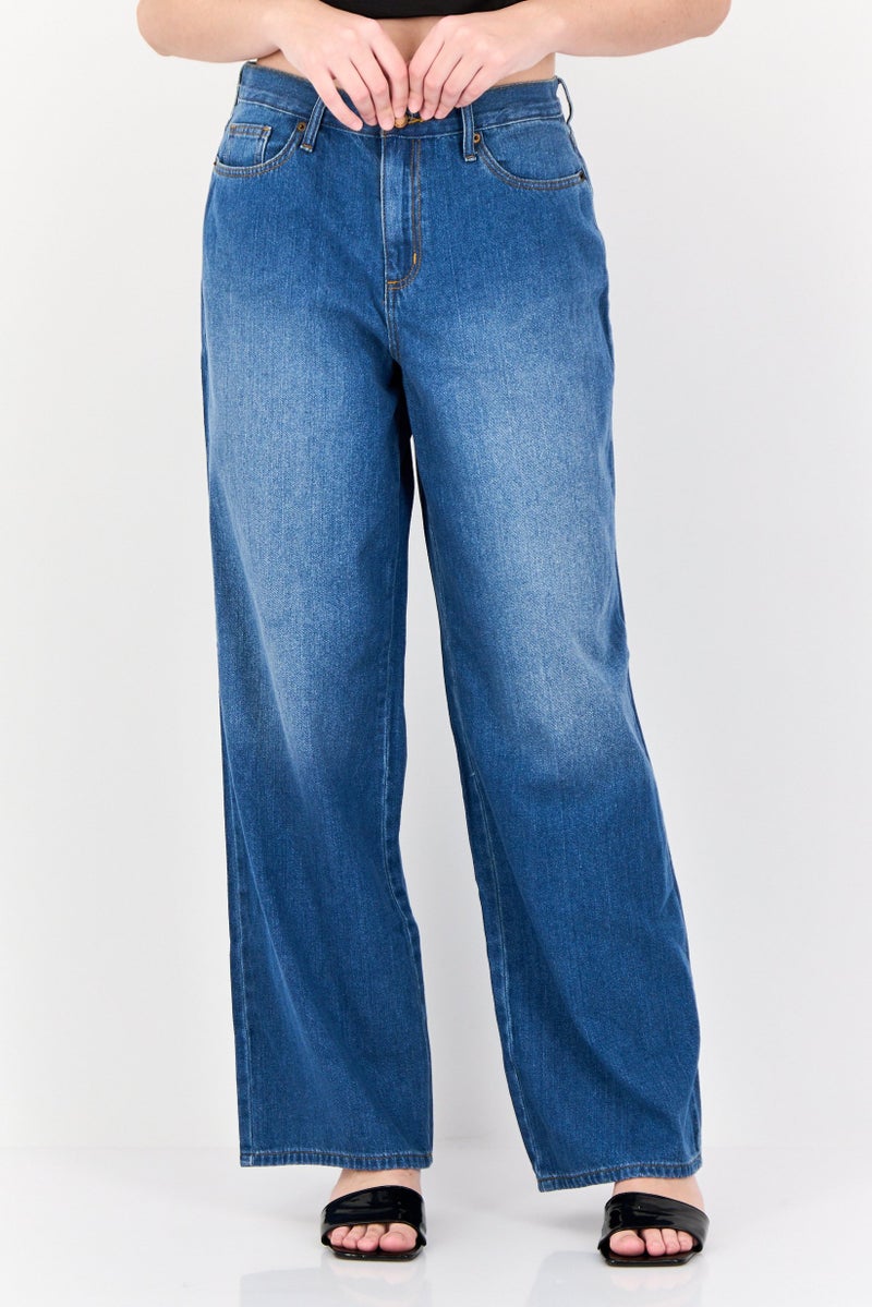 Women Relaxed Fit Medium Washed Wide Leg Inseam  Non-stretchable Jeans, Blue