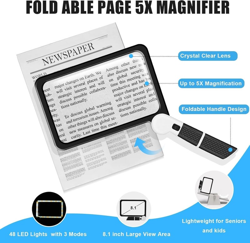 X spring Magnifying Glass With Light, 5X Magnifying Glass For Reading, Large Folding Lighted Magnifier With 48 Led Lights, 3 Modes Handheld Full Page Magnifier For Seniors Low Vision Reading - Image 2