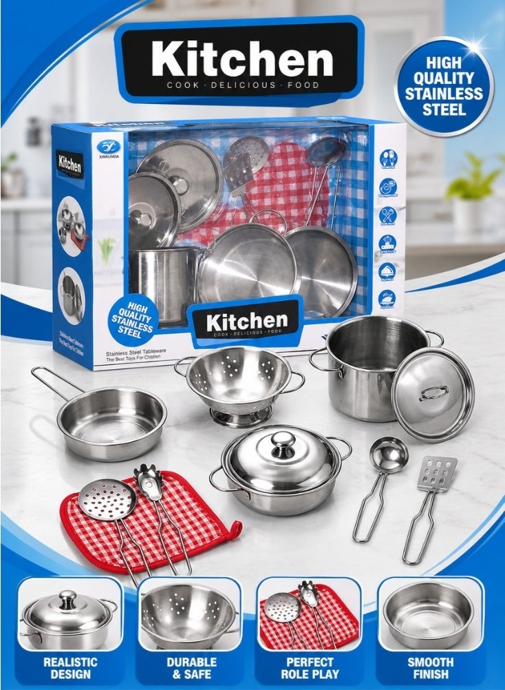 NinEx Stainless Steel Pretend Kitchen Utensils Toy Play Set - Image 1