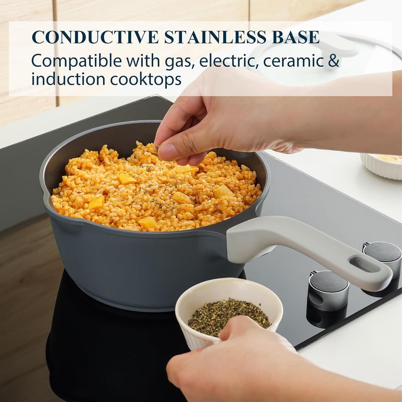 PRICUSIS Nonstick Saucepan with Lid, 2 Quart Ceramic Sauce Pan, Non Toxic Sauce Pot with Pour Spouts for Multipurpose Use, PTFE, PFOA & PFAS Free, Induction Compatible. - Image 5