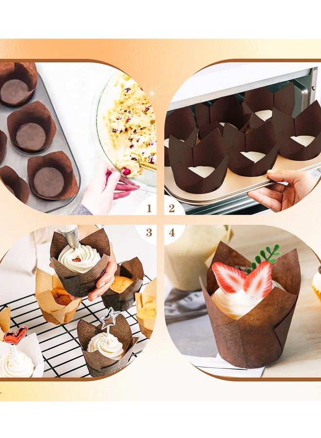 100 قطعة من بطانات الكب كيك على شكل زهرة التوليب البنية، بطانات الكعك للخبز، مثالية للحفلات والعطلات والكعك المصنوع منزليًا والمخبوزات - Image 3