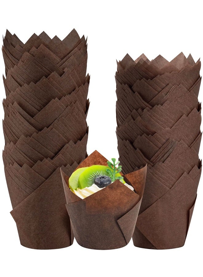 100 قطعة من بطانات الكب كيك على شكل زهرة التوليب البنية، بطانات الكعك للخبز، مثالية للحفلات والعطلات والكعك المصنوع منزليًا والمخبوزات - Image 1