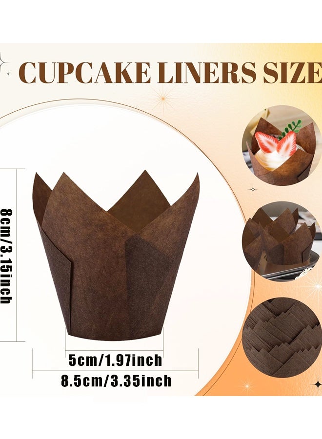 100 قطعة من بطانات الكب كيك على شكل زهرة التوليب البنية، بطانات الكعك للخبز، مثالية للحفلات والعطلات والكعك المصنوع منزليًا والمخبوزات - Image 2