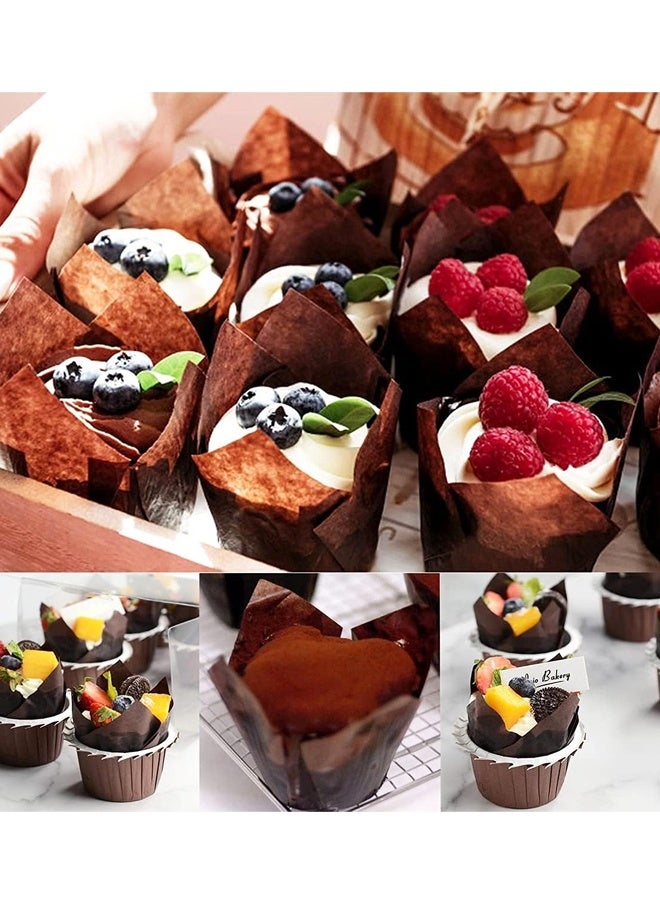 100 قطعة من بطانات الكب كيك على شكل زهرة التوليب البنية، بطانات الكعك للخبز، مثالية للحفلات والعطلات والكعك المصنوع منزليًا والمخبوزات - Image 5