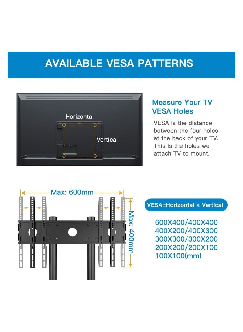 Mobile TV Cart with Wheels for 32-65 Inch LCD LED Plasma Flat Screen TVs- Height Adjustable Rolling TV Stand Hold up to 132 lbs- Floor Stand with Tray Max VESA 600x400mm - Image 3