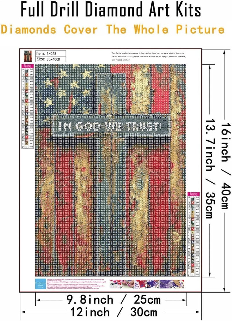 KTHOFCY 5D DIY Diamond Painting Kits for Adults, American Flag with Cross Full Drill Embroidery Cross Stitch Crystal Rhinestone Paintings Pictures Arts Wall Decor Painting Dots Kits 11.8X15.7inch - Image 3
